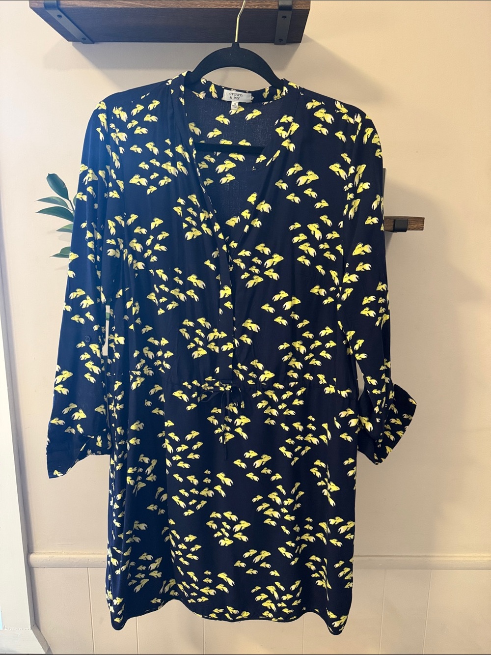 Navy & Yellow Fish Print Women's Drawstring Dress Size 12